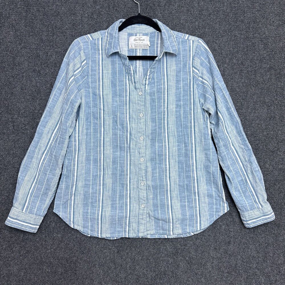 Old Ranch Button Down Shirt Chambray Striped Organic Cotton Roll Tab Coastal L